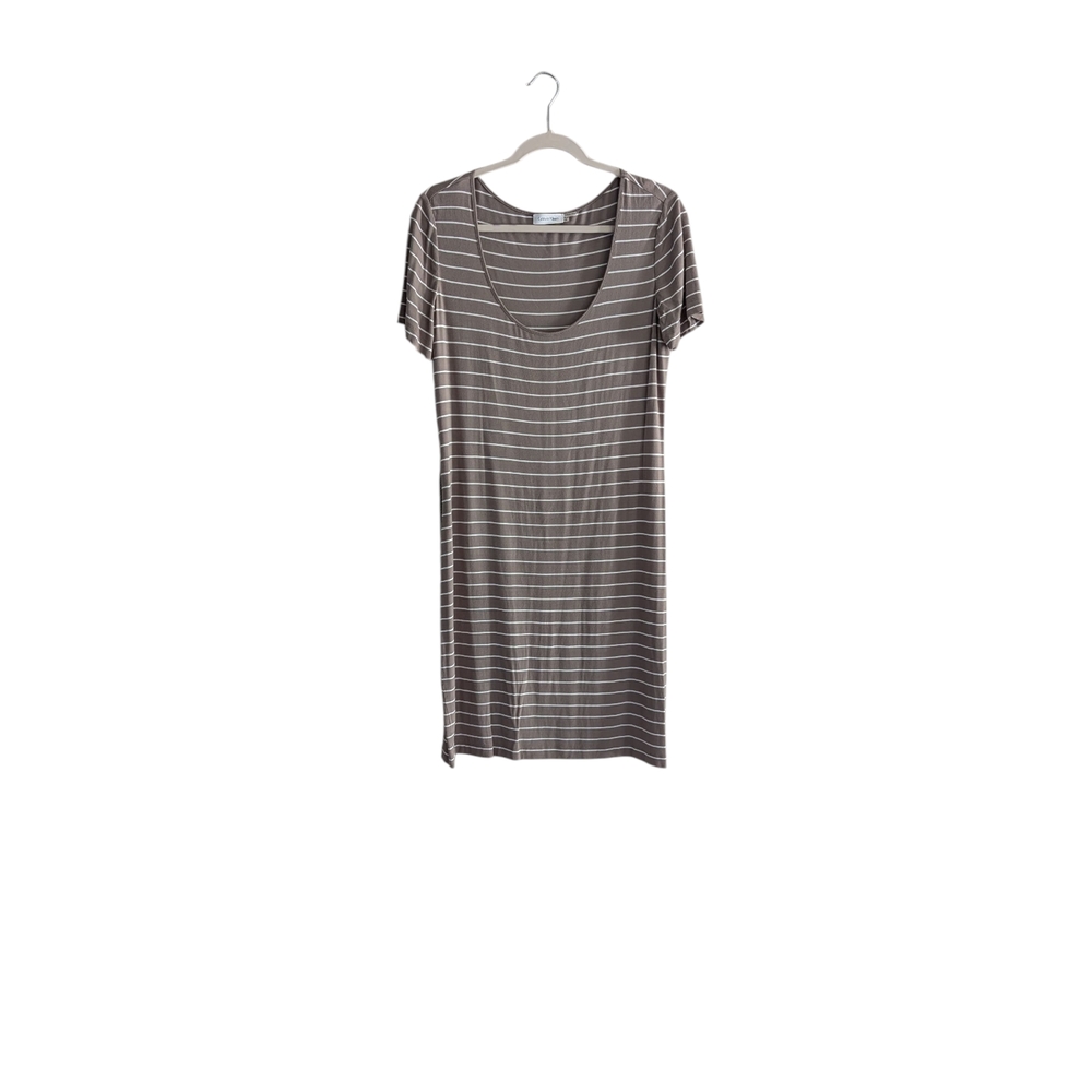 Calvin Klein Taupe and White Striped Shirt Dress | Size 10
